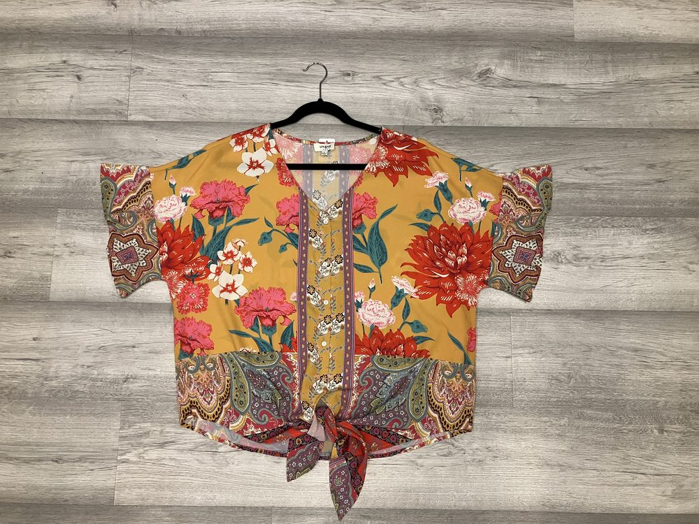 BLUSA UMGEE amarilla coral floreada nudo