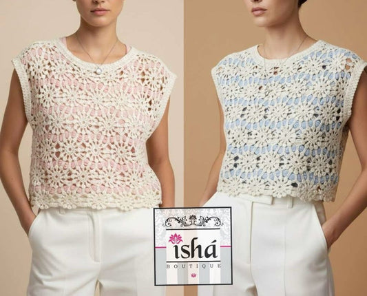 TOP ecru rosa crochet
