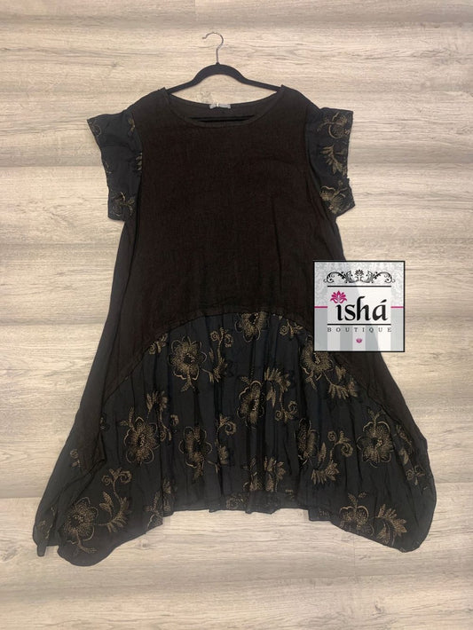 VESTIDO ITALIANO negro o café hilos oro lino