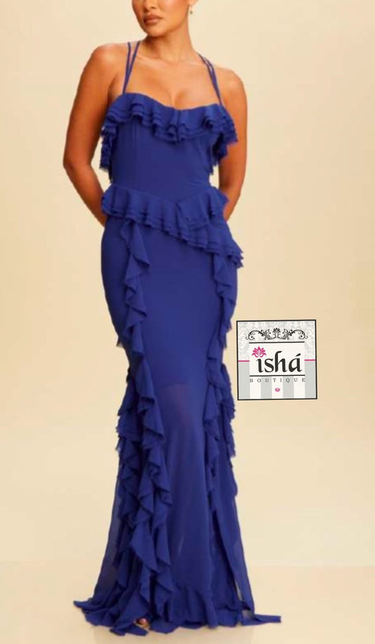 VESTIDO LARGO LUXXEL índigo gasa olanes tirantes