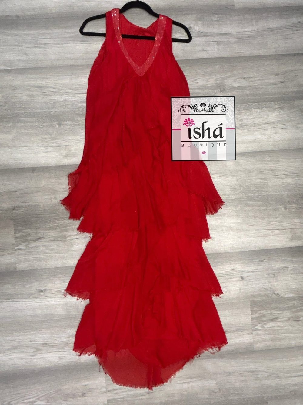 VESTIDO ITALIANO rojo seda ruffles cuello V lentejuelas