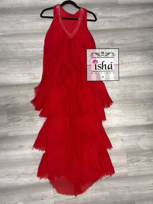 VESTIDO ITALIANO rojo seda ruffles cuello V lentejuelas