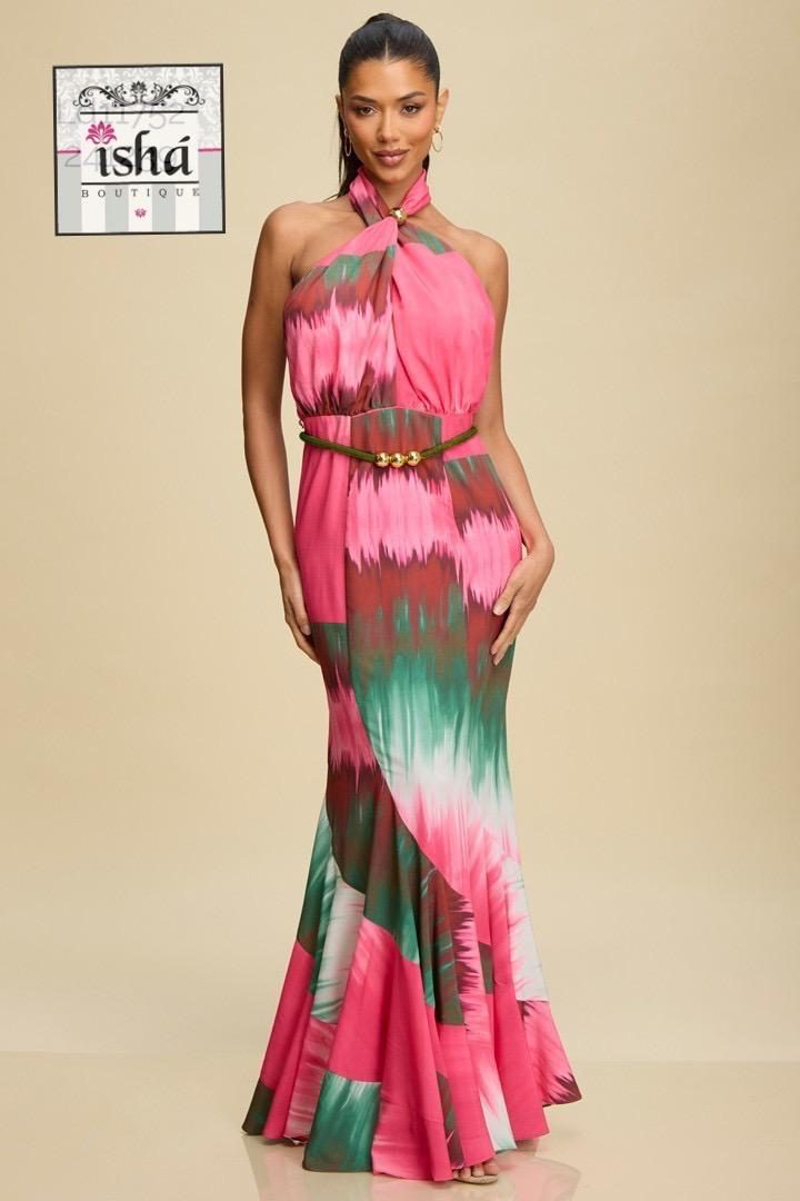 VESTIDO LUXXEL rosa verde bolas oro