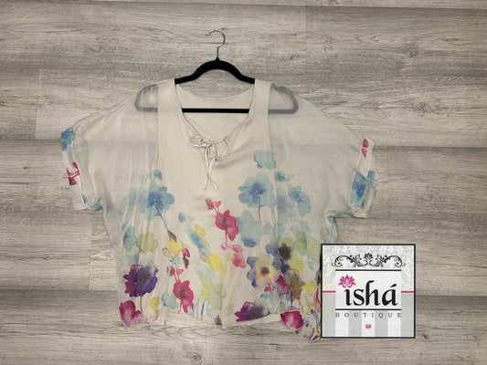 BLUSA ITALIANA blanca flores pastel cordones cuello