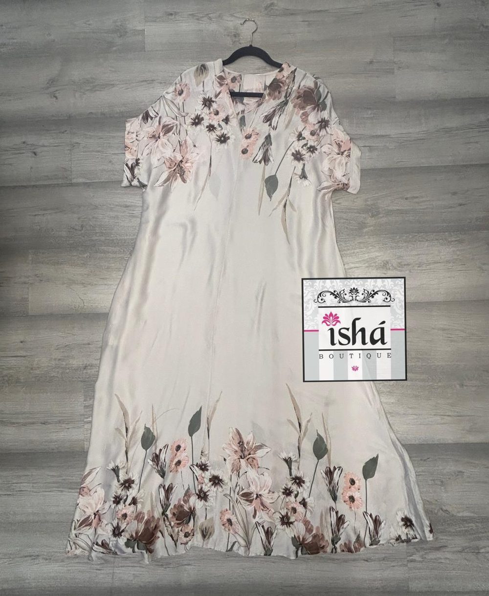 VESTIDO ITALIANO hueso flores y hojas rosas satinado kaftan
