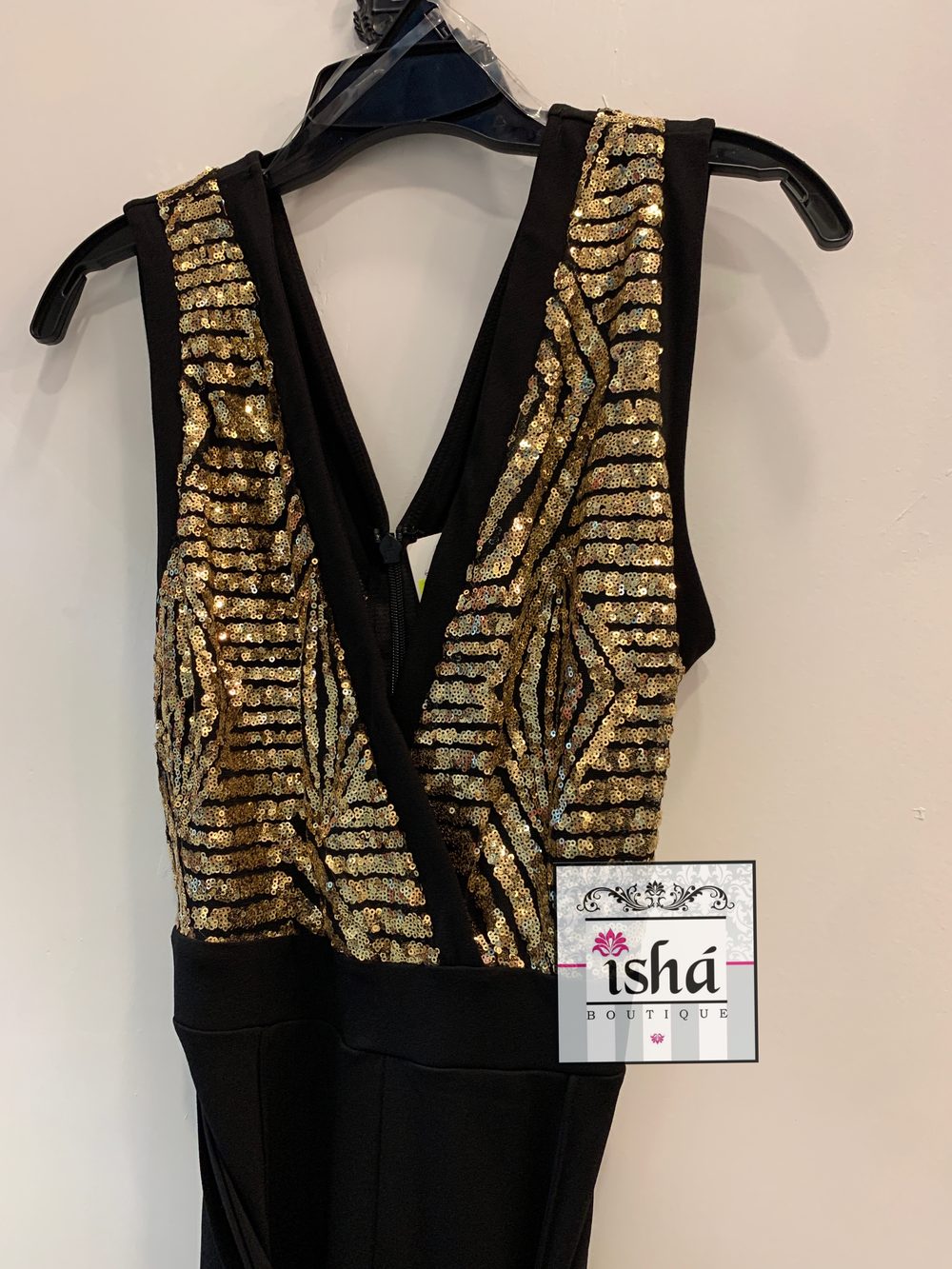 JUMPSUIT VALENTINE top oro lentejuela btm negro
