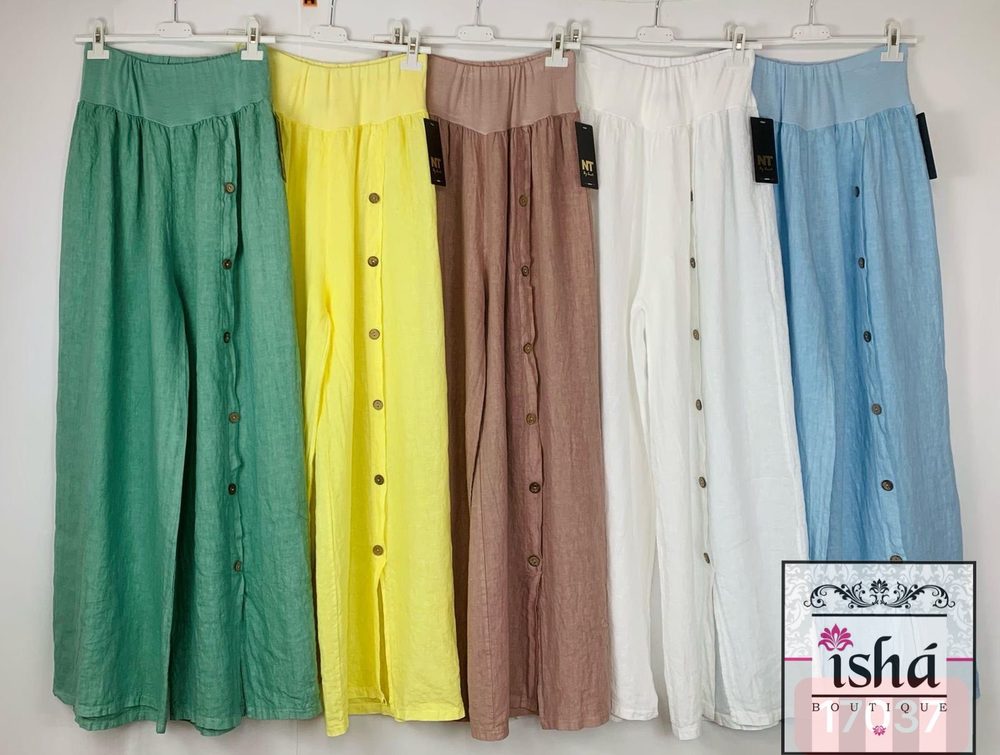 PANTALON NT verde amarillo moka botones laterales lino