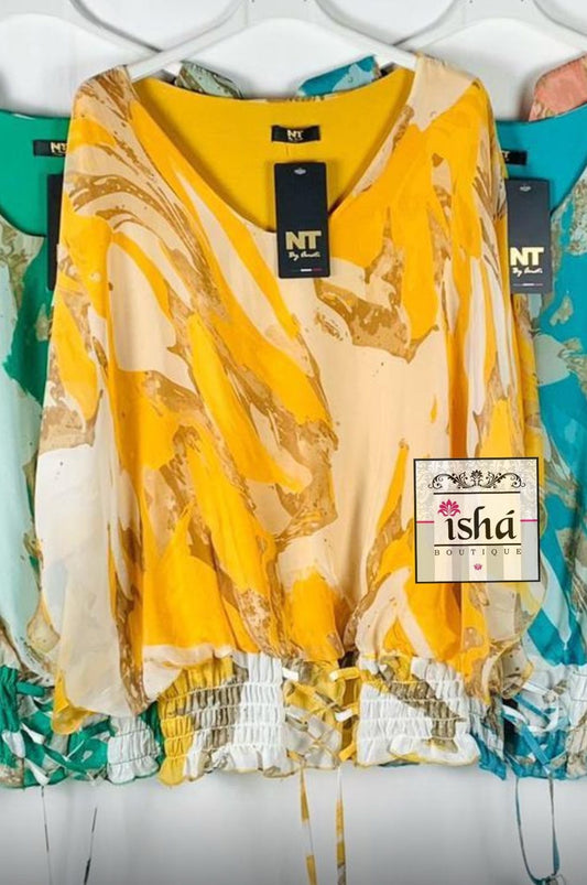 BLUSA NT amarilla estampada seda resorte cintura