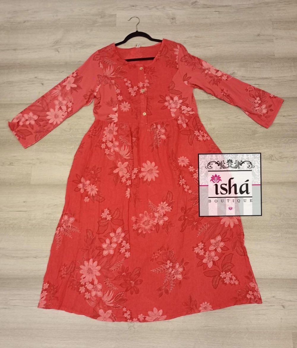 VESTIDO ITALIANO rojo lino laterales jersey