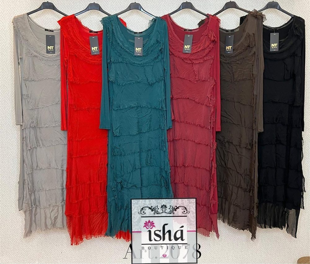 VESTIDO NT café manga larga seda ruffles