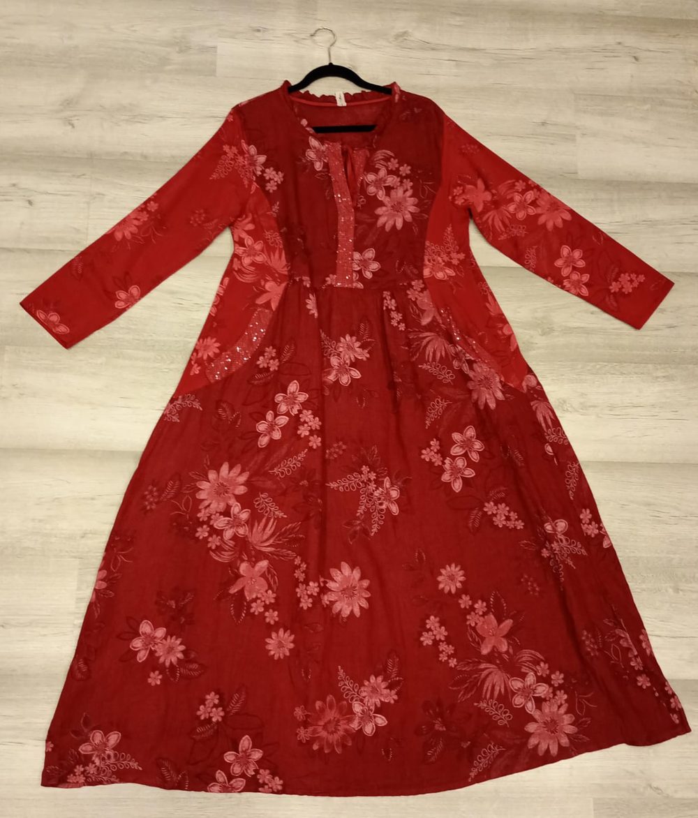 VESTIDO ITALIANO cereza lino filo lentejuela cuello