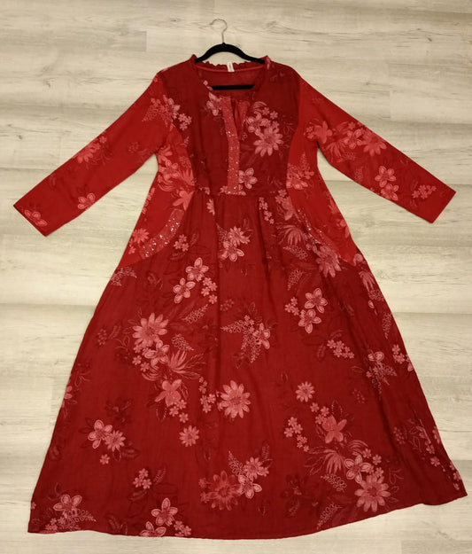 VESTIDO ITALIANO cereza lino filo lentejuela cuello