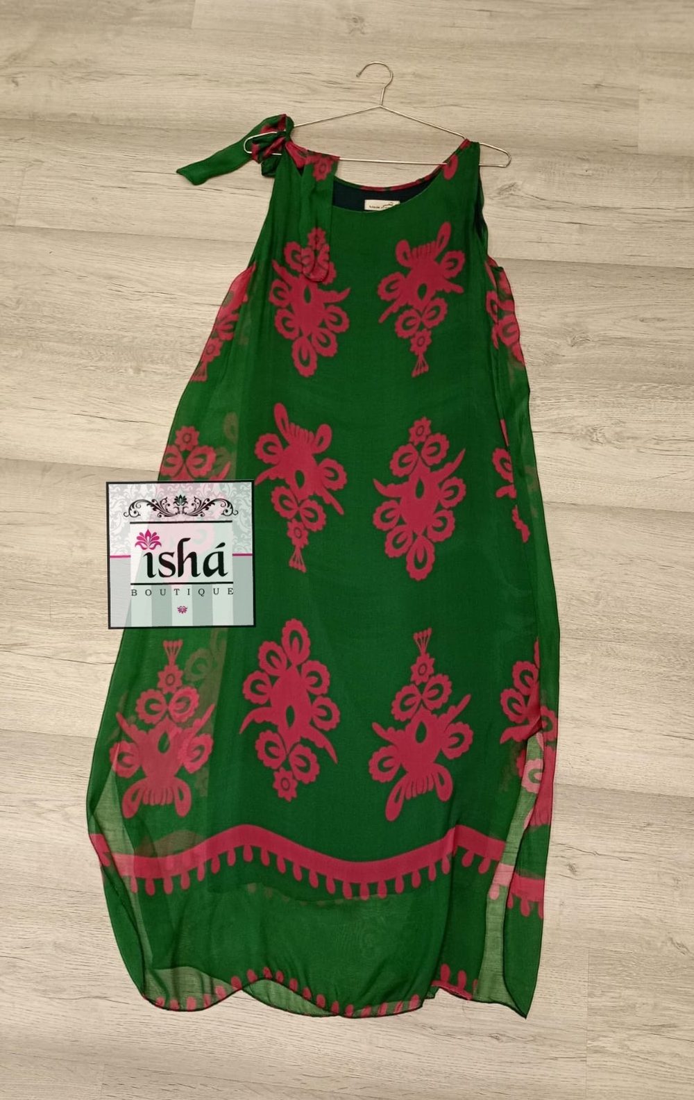 VESTIDO ITALIANO verde/rosa sin manga nudos